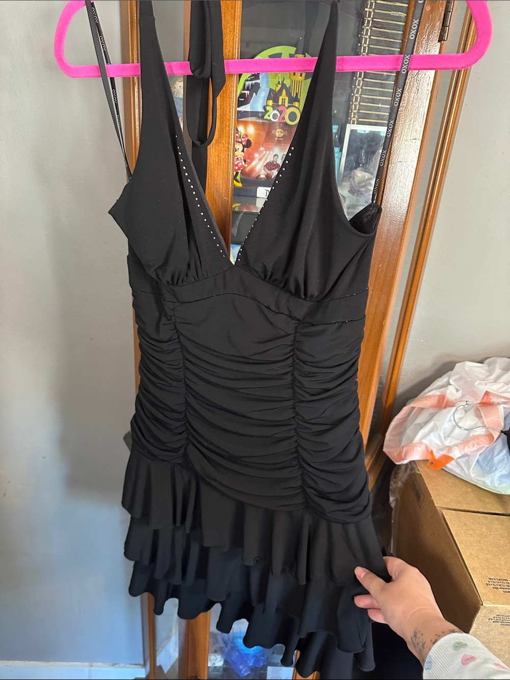 XOXO Black Ruched V-Neck Ruffle Tier Mini Dress